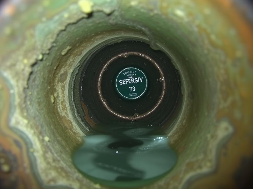 Sewer scope at 38 ft: standing water, heavy scale and root intrusion.