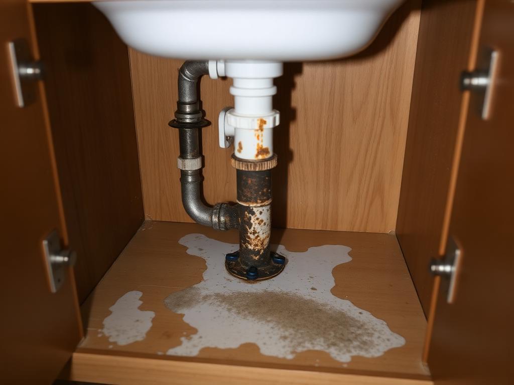 Kitchen: corroded P-trap with staining on the cabinet base.